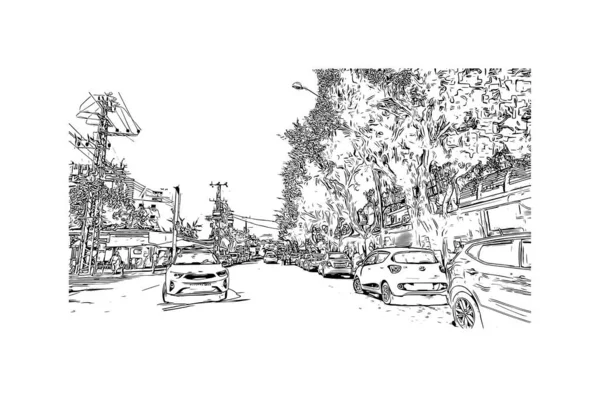 Print Building View Landmark Netanya City Israel Hand Drawn Sketch — Stock vektor