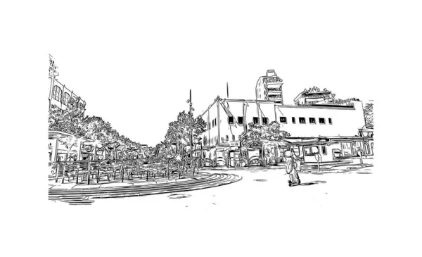 Print Building View Landmark Netanya City Israel Hand Drawn Sketch — Image vectorielle