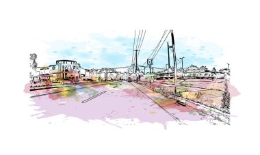 New Haven 'ın simgesi olan Print Building View Connecticut' tadır. Vektörde elle çizilmiş resim ile suluboya sıçraması.