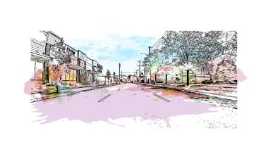New Haven 'ın simgesi olan Print Building View Connecticut' tadır. Vektörde elle çizilmiş resim ile suluboya sıçraması.