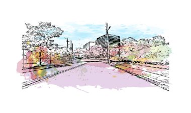 New Haven 'ın simgesi olan Print Building View Connecticut' tadır. Vektörde elle çizilmiş resim ile suluboya sıçraması.