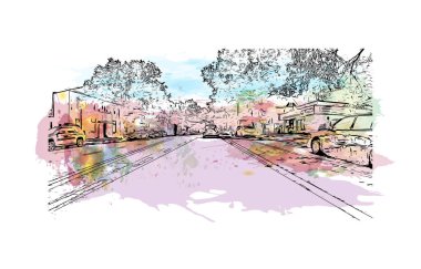 New Haven 'ın simgesi olan Print Building View Connecticut' tadır. Vektörde elle çizilmiş resim ile suluboya sıçraması.