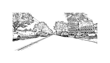 New Haven 'ın simgesi olan Print Building View Connecticut' tadır. Vektörde elle çizilmiş çizim çizimi.