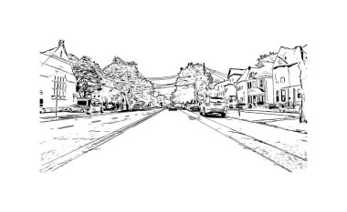 New Haven 'ın simgesi olan Print Building View Connecticut' tadır. Vektörde elle çizilmiş çizim çizimi.