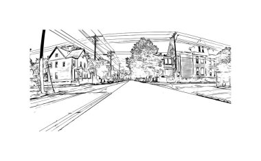 New Haven 'ın simgesi olan Print Building View Connecticut' tadır. Vektörde elle çizilmiş çizim çizimi.
