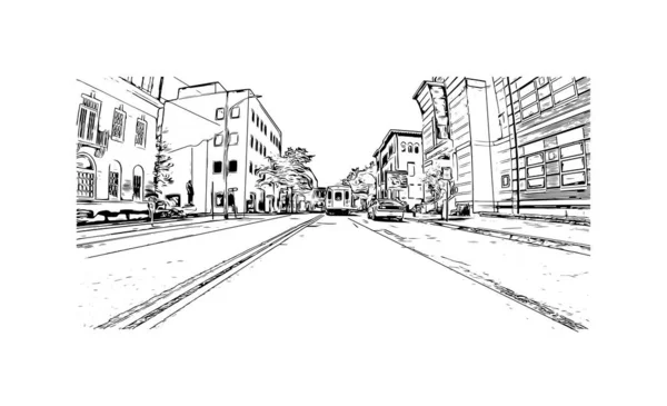 Print Building View Landmark New Haven City Connecticut Hand Drawn — Image vectorielle