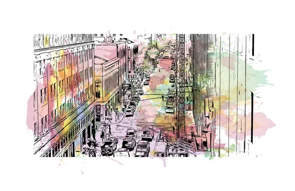 Print Building View Landmark New Orleans City Louisiana Watercolor Splash — Stock vektor