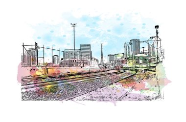 Print Building view with landmark of New Orleans is the city in Louisiana. Watercolor splash with hand drawn sketch illustration in vector.