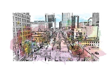 New Orleans 'ın simgesi olan Print Building View Louisiana' da bulunmaktadır. Vektörde elle çizilmiş resim ile suluboya sıçraması.