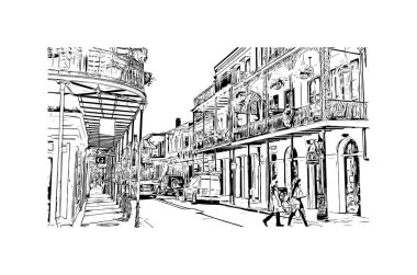 Print Building view with landmark of New Orleans is the city in Louisiana. Hand drawn sketch illustration in vector.