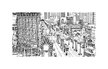New Orleans 'ın simgesi olan Print Building View Louisiana' da bulunmaktadır. Vektörde elle çizilmiş çizim çizimi.