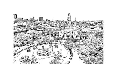 New Orleans 'ın simgesi olan Print Building View Louisiana' da bulunmaktadır. Vektörde elle çizilmiş çizim çizimi.