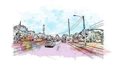 Print Building view with landmark of New Smyrna Beach is the city in Florida. Vektörde elle çizilmiş resim ile suluboya sıçraması.