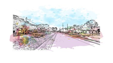 Print Building view with landmark of New Smyrna Beach is the city in Florida. Watercolor splash with hand drawn sketch illustration in vector.