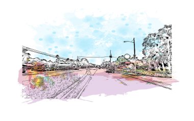 Print Building view with landmark of New Smyrna Beach is the city in Florida. Watercolor splash with hand drawn sketch illustration in vector.