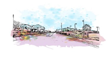 Print Building view with landmark of New Smyrna Beach is the city in Florida. Vektörde elle çizilmiş resim ile suluboya sıçraması.