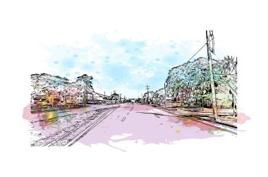 Print Building view with landmark of New Smyrna Beach is the city in Florida. Vektörde elle çizilmiş resim ile suluboya sıçraması.