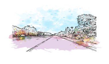 Print Building view with landmark of New Smyrna Beach is the city in Florida. Vektörde elle çizilmiş resim ile suluboya sıçraması.