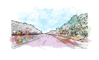 Print Building view with landmark of New Smyrna Beach is the city in Florida. Vektörde elle çizilmiş resim ile suluboya sıçraması.