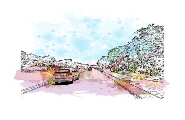 Print Building view with landmark of New Smyrna Beach is the city in Florida. Vektörde elle çizilmiş resim ile suluboya sıçraması.