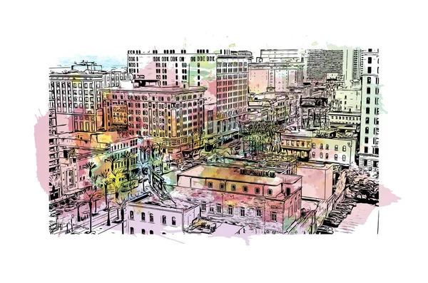 Print Building View Landmark New Orleans City Louisiana Watercolor Splash — Vector de stock