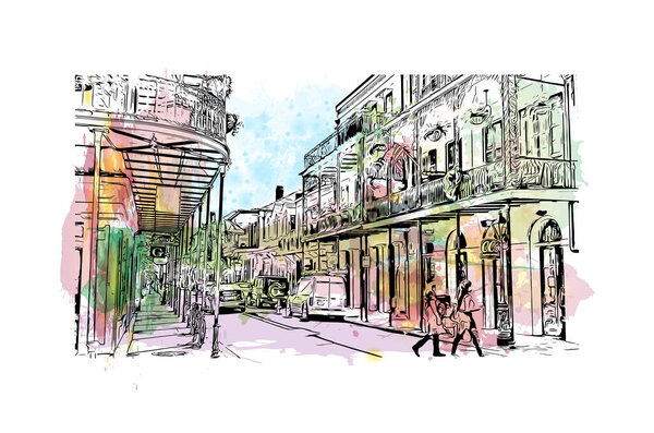Print Building view with landmark of New Orleans is the city in Louisiana. Watercolor splash with hand drawn sketch illustration in vector.