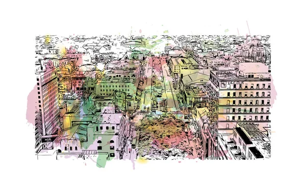 Printbuilding View Landmark New Orleans City Louisiana Watercolor Splash Hand — Wektor stockowy