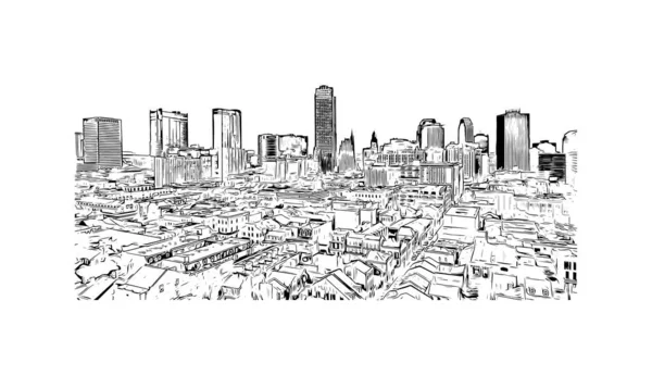 Print Building View Landmark New Orleans City Louisiana Hand Drawn — 图库矢量图片