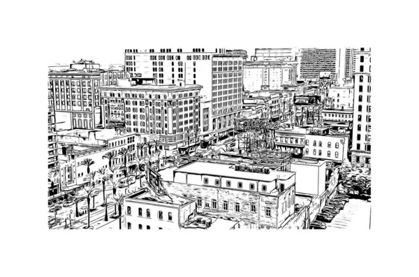 Print Building View Landmark New Orleans City Louisiana Hand Drawn — Vettoriale Stock