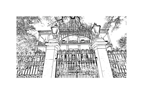 Print Building View Landmark New Orleans City Louisiana Hand Drawn — Archivo Imágenes Vectoriales