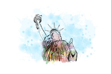 Print Building view with landmark of New York is the city in New York State. Watercolor splash with hand drawn sketch illustration in vector.