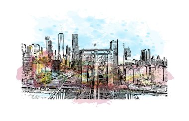 Print Building view with landmark of New York is the city in New York State. Watercolor splash with hand drawn sketch illustration in vector.