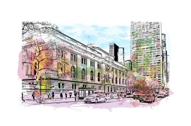 New York 'un simgesi olan Print Building View, New York' ta bulunan bir şehirdir. Vektörde elle çizilmiş resim ile suluboya sıçraması.