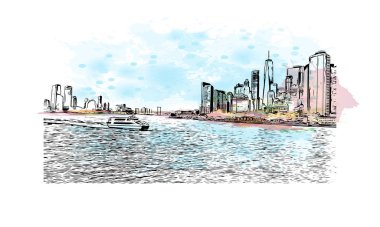 Print Building view with landmark of New York is the city in New York State. Watercolor splash with hand drawn sketch illustration in vector.