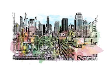 New York 'un simgesi olan Print Building View, New York' ta bulunan bir şehirdir. Vektörde elle çizilmiş resim ile suluboya sıçraması.