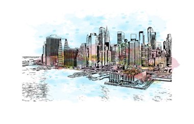 New York 'un simgesi olan Print Building View, New York' ta bulunan bir şehirdir. Vektörde elle çizilmiş resim ile suluboya sıçraması.