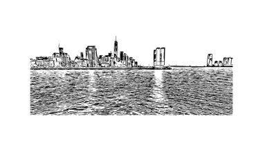 Print Building view with landmark of New York is the city in New York State. Hand drawn sketch illustration in vector.