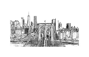 Print Building view with landmark of New York is the city in New York State. Hand drawn sketch illustration in vector.