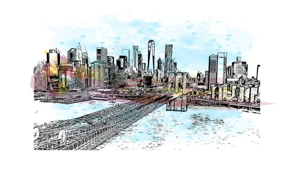 New York 'un simgesi olan Print Building View, New York' ta bulunan bir şehirdir. Vektörde elle çizilmiş resim ile suluboya sıçraması.