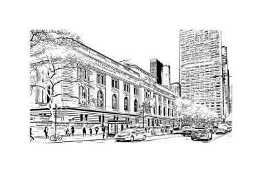 New York 'un simgesi olan Print Building View, New York' ta bulunan bir şehirdir. Vektörde elle çizilmiş çizim çizimi.