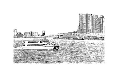 New York 'un simgesi olan Print Building View, New York' ta bulunan bir şehirdir. Vektörde elle çizilmiş çizim çizimi.