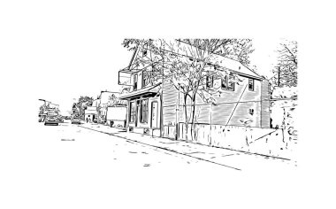 Newark 'ın simgesi olan Print Building View, New Jersey' deki bir şehirdir. Vektörde elle çizilmiş çizim çizimi.