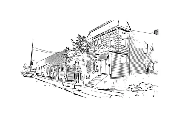 Print Building View Landmark Newark City New Jersey Hand Drawn — Διανυσματικό Αρχείο