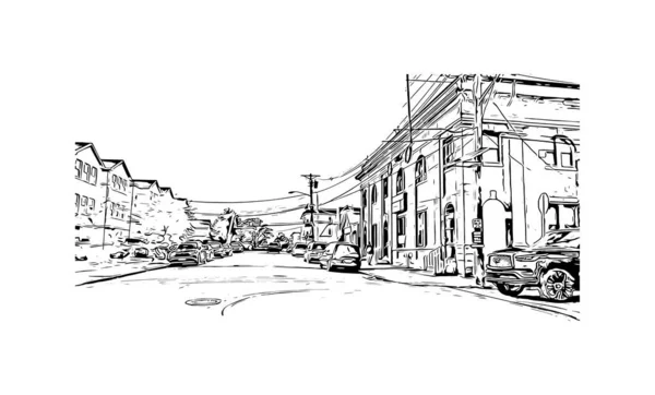 Print Building View Landmark Newark City New Jersey Hand Drawn — Vetor de Stock