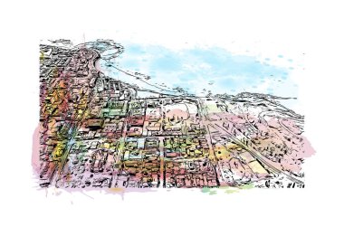 Newcastle 'ın simgesi olan Print Building View, Avustralya' daki bir şehirdir. Vektörde elle çizilmiş resim ile suluboya sıçraması.