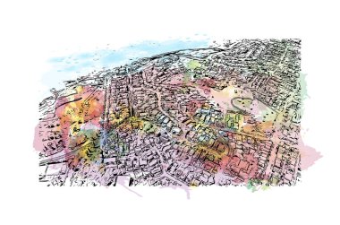 Newcastle 'ın simgesi olan Print Building View, Avustralya' daki bir şehirdir. Vektörde elle çizilmiş resim ile suluboya sıçraması.