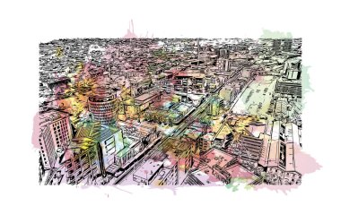 Newcastle 'ın simgesi olan Print Building View, Avustralya' daki bir şehirdir. Vektörde elle çizilmiş resim ile suluboya sıçraması.