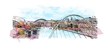 Tyne üzerinde Newcastle 'ın simgesi olan Print Building Manzarası İngiltere' de bir şehirdir. Vektörde elle çizilmiş resim ile suluboya sıçraması.