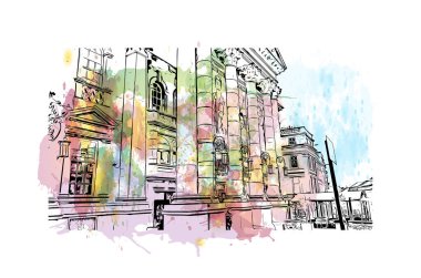 Print Building view with landmark of Newcastle upon Tyne is the city in England. Watercolor splash with hand drawn sketch illustration in vector.