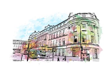 Print Building view with landmark of Newcastle upon Tyne is the city in England. Watercolor splash with hand drawn sketch illustration in vector.